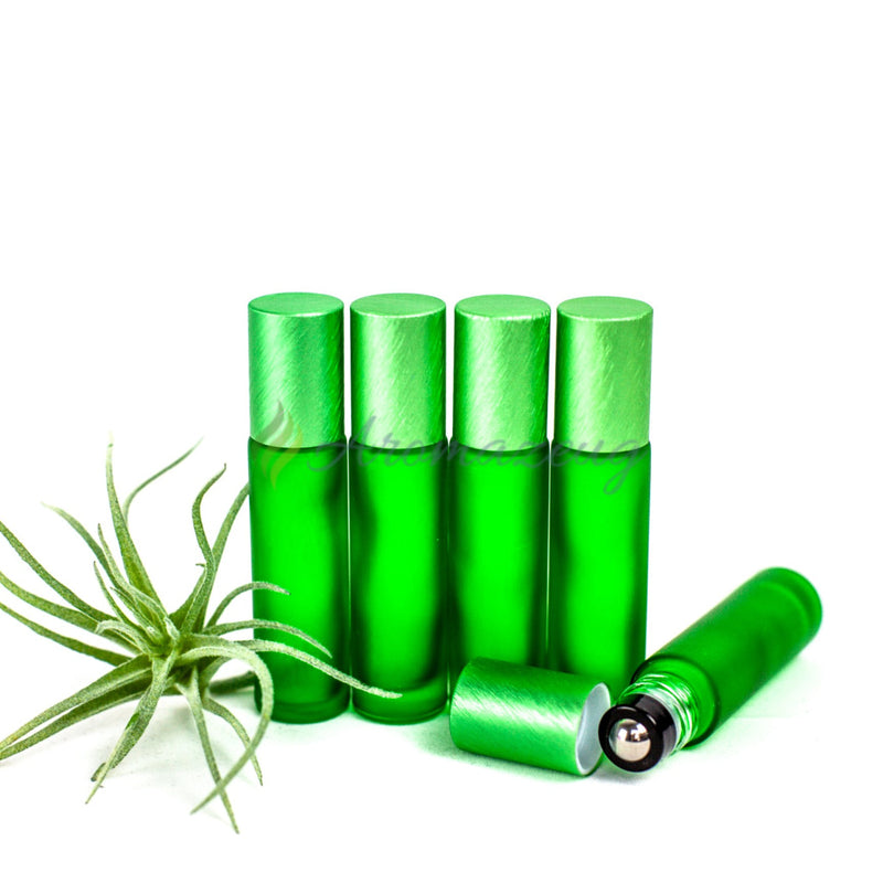 Laden Sie das Bild in Galerie -Viewer, 10 Ml Farbige Roll-On Flaschen In Matt Mit Metalldeckel Und Premium-Rollern - Paket Von 5 Grün
