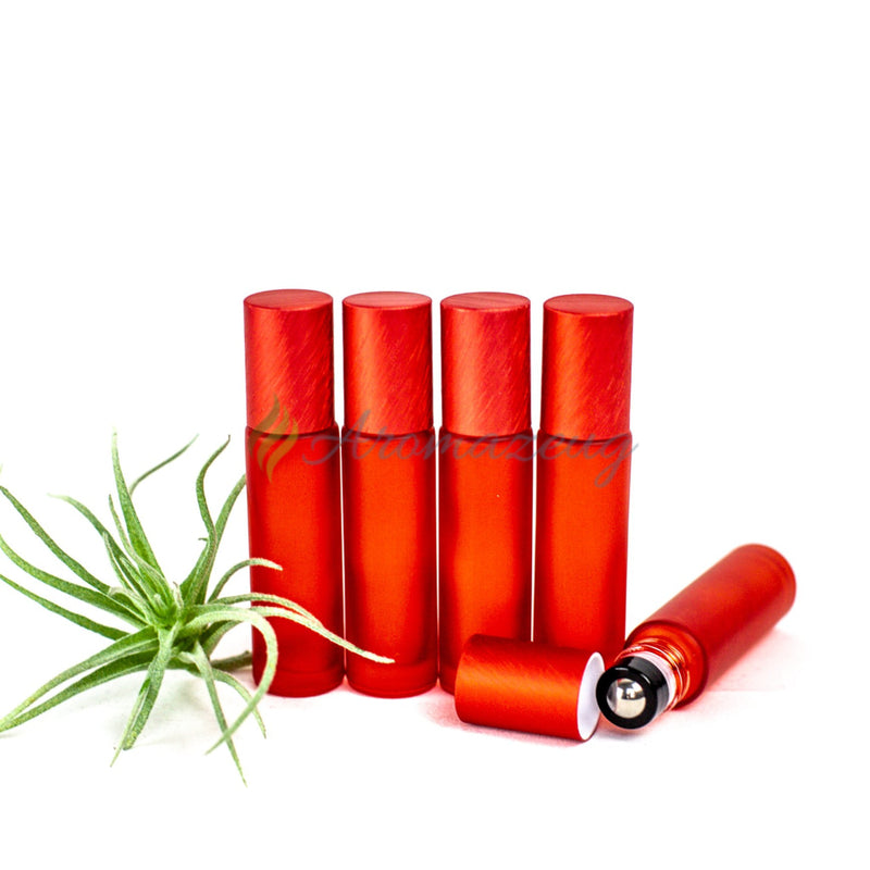 Laden Sie das Bild in Galerie -Viewer, 10 Ml Farbige Roll-On Flaschen In Matt Mit Metalldeckel Und Premium-Rollern - Paket Von 5 Rot
