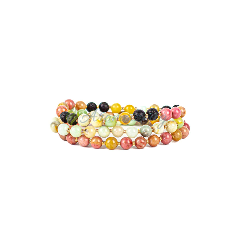 Laden Sie das Bild in Galerie -Viewer, Lavastein Diffuser Armbandset Poppy Mit Amazonit- Und Rhodochrosit-Edelsteinen Zubehör
