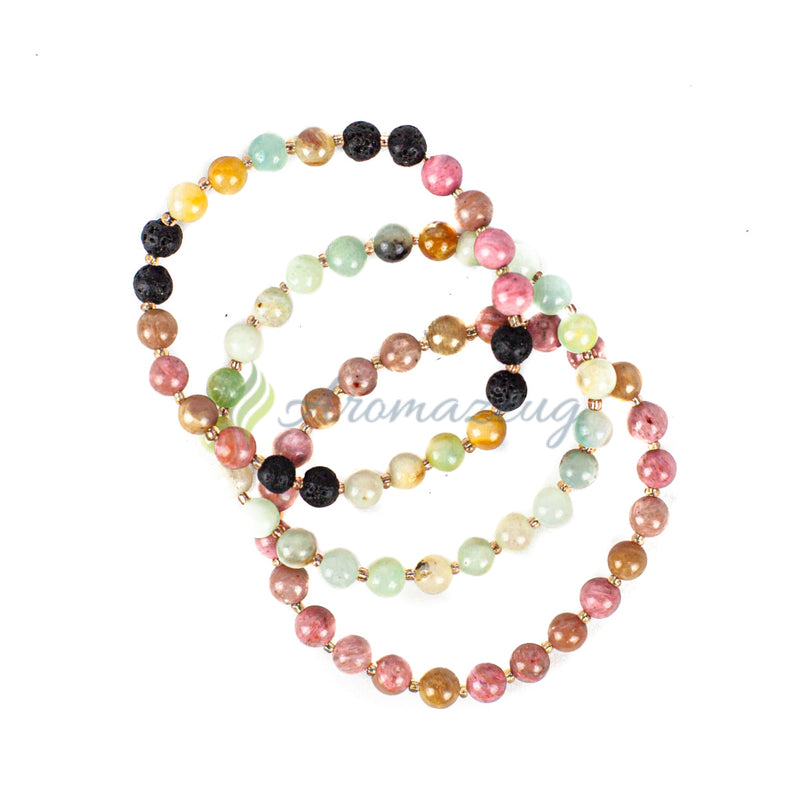 Laden Sie das Bild in Galerie -Viewer, Lavastein Diffuser Armbandset Poppy Mit Amazonit- Und Rhodochrosit-Edelsteinen Zubehör
