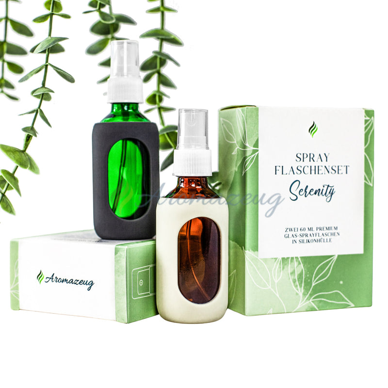 Laden Sie das Bild in Galerie -Viewer, Serenity - 60 Ml Sprayflaschenset In Grün Und Braun Mit Silikonhüllen Edler Geschenkverpackung
